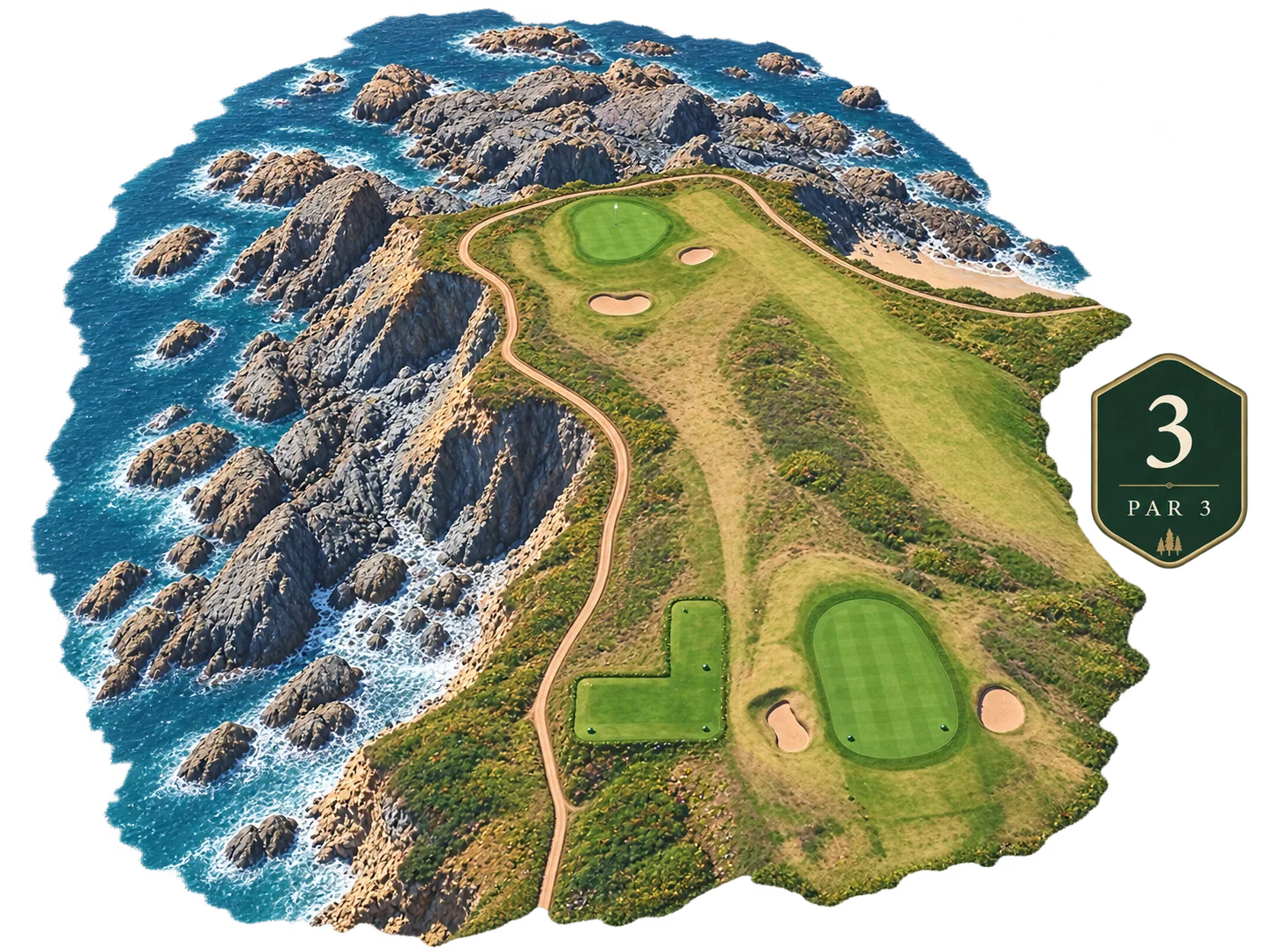 Aerial view of the 3rd hole cut out from its surroundings, an L-shaped tee at the foot playing up over gorse and rough to a green set on the clifftop edge with two bunkers short of it, a track winding alongside, and the sea breaking white over dark rocks the whole length of the left, marked par 3.