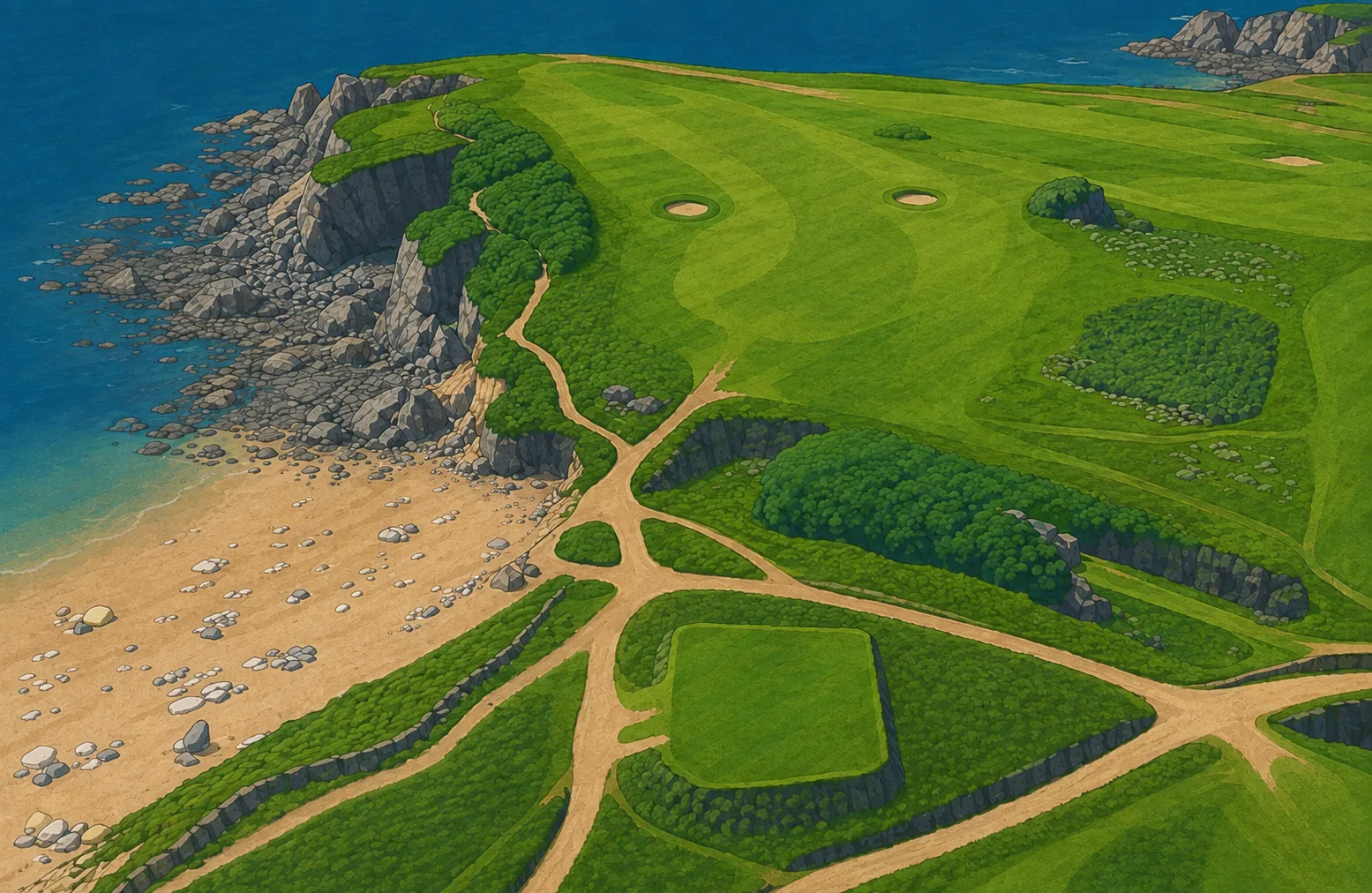 Painted illustration of the clifftop, looking down on sandy paths crossing close-cropped turf between stone walls and clipped thorn hedges, two bunkers on the high ground, and a boulder-strewn beach and dark rocks at the water's edge.