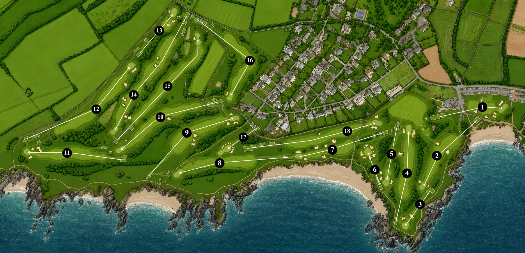 The course map filling the frame edge to edge in full daylight, the fairways bright green against the village rooftops and the blue of the bay.