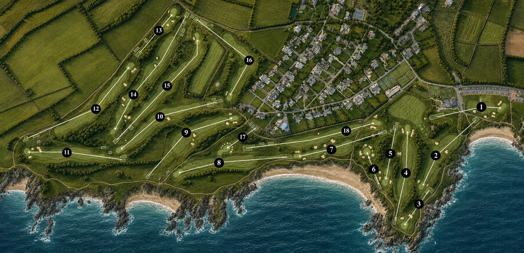 The same full-bleed course map under deeper shade, the greens darkened and the sea gone slate blue, the numbered hole markers standing out white against it.