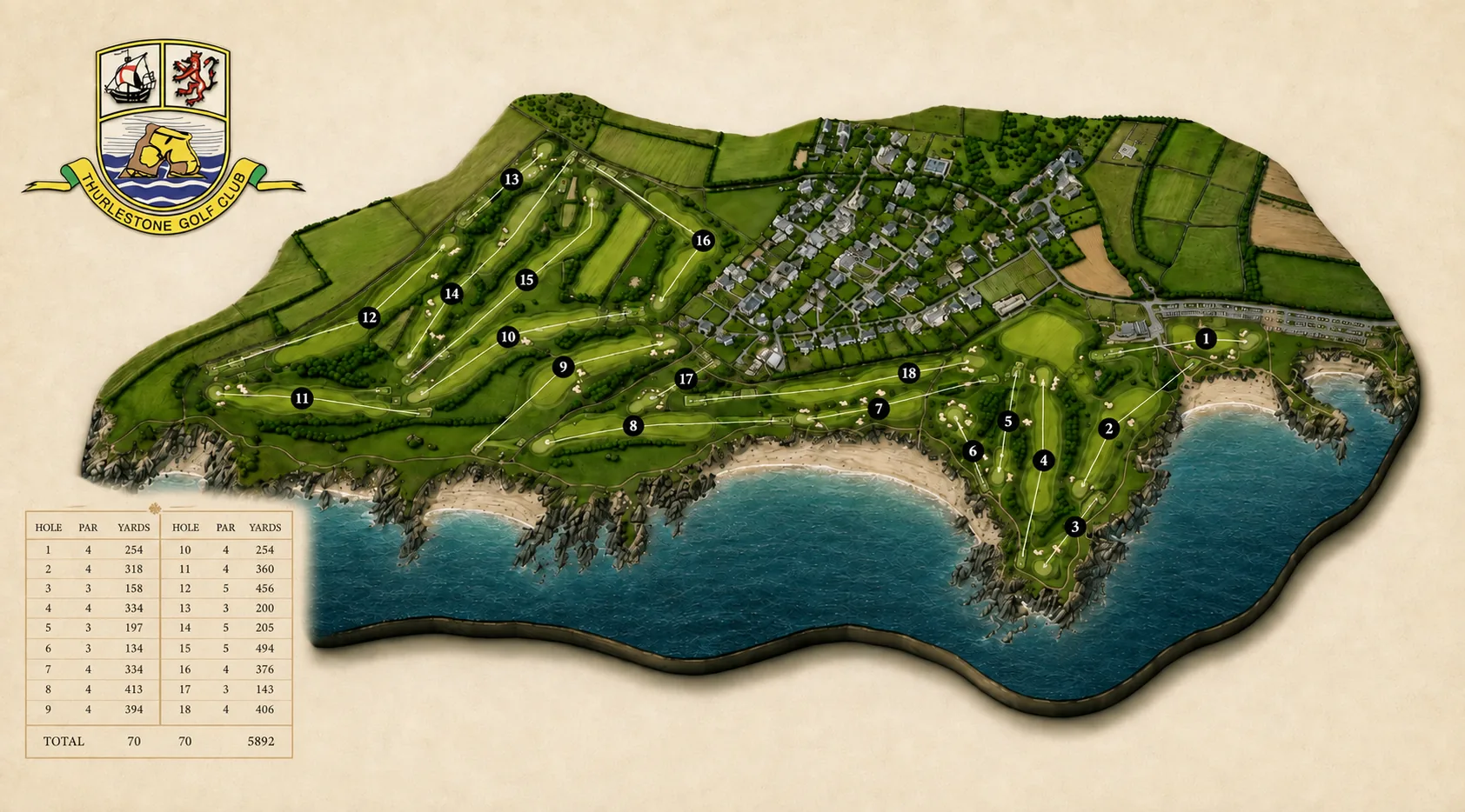 The same course map with a scorecard table set into the lower left, listing the par and yardage of each hole from 254 yards at the 1st to 406 at the 18th, totalling par 70 over 5,892 yards.