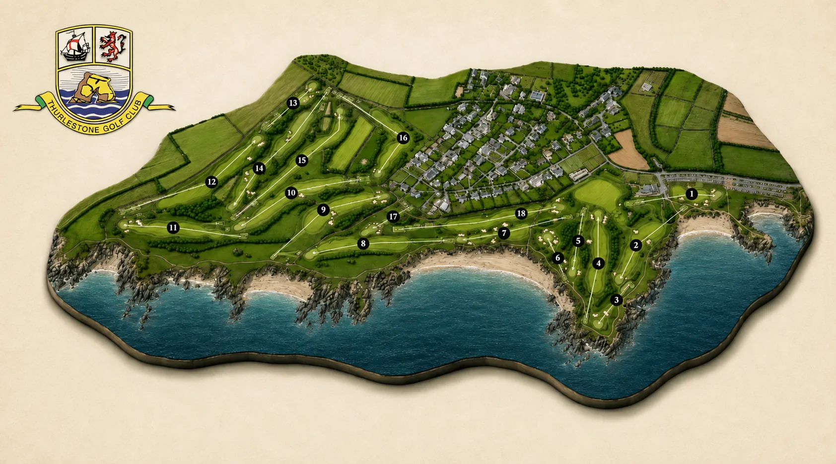 Illustrated aerial map of Thurlestone Golf Club on cream paper, the eighteen holes numbered in black markers, laid along a headland above a curving sandy bay with dark rocks and turquoise sea, the village and its fields inland, and the club crest at the top left.